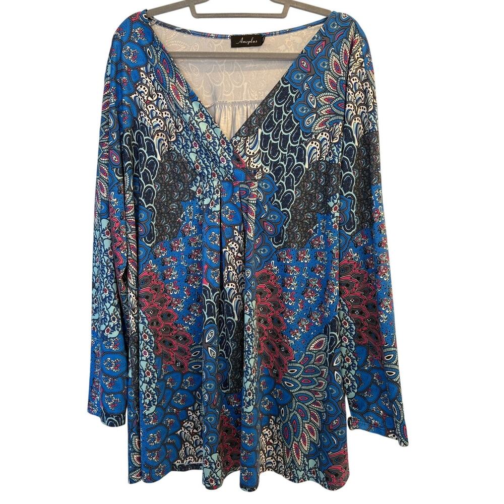 Amzplus Blue Paisley Boho Tunic Blouse Long Sleeve Pleated V-Neck Plus Size 4X